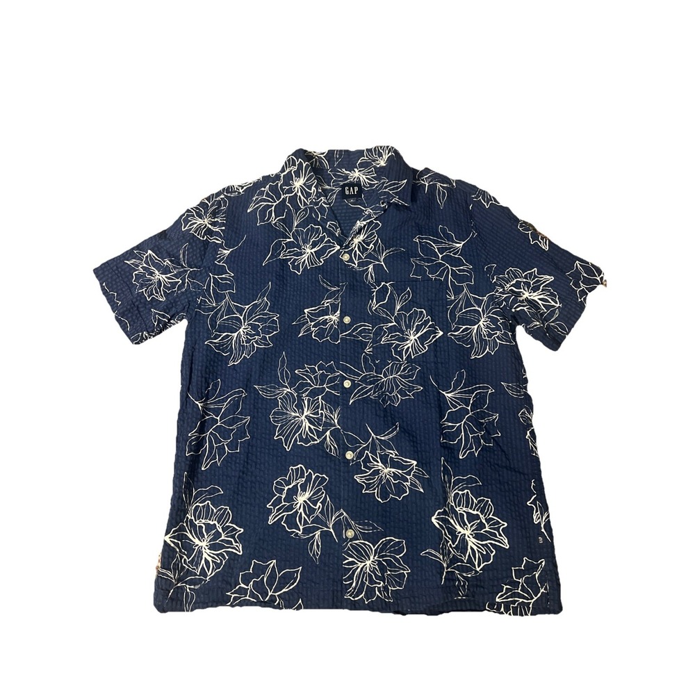 Gap Mens Shirt Short Sleeve Button Up Seersucker Floral Vacation Tropical Medium